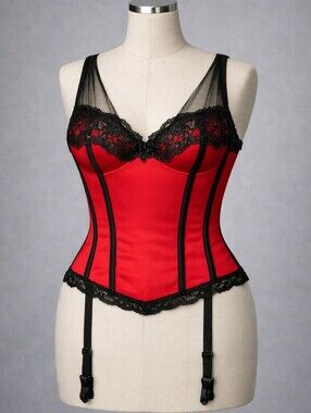 Frederick's Of Hollywood Red Lace Corset Bustier Size XL Side Clasps Garter Y2K